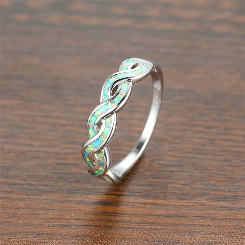 

Luxury Female Blue White Opal Ring Classic Silver Color Wedding RingTrendy Hollow Infinity Thin Engagement Rings For Women