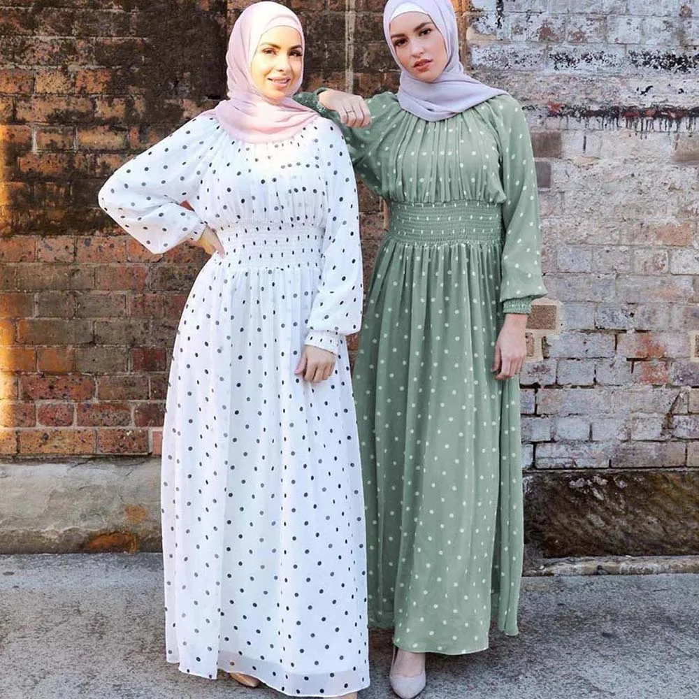 

Women Polka Dot Long Dress Muslim Abaya Dubai Kaftan Turkey Caftan Islamic Clothing Party Gown Arabic Robe Ramadan Eid Abayas