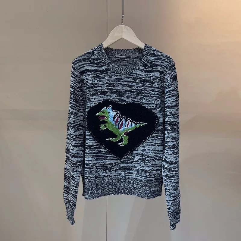 

2021 Autumn Winter Dragon Hook Wool Cashmere Blend Long Sleeve Grey Warm knit Sweaters Pullovers