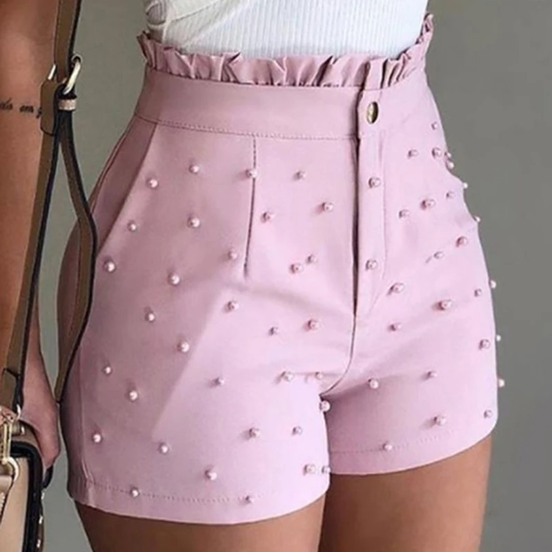 

Women's Cute Soild Color Shorts Bead Decoration High Waist Female Caual Summer Ladies Shorts For Women