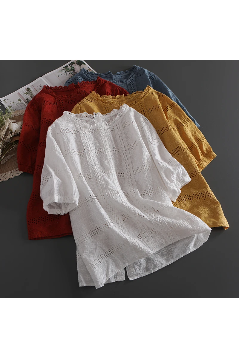 

New Summer hollow out embroidery T shirt tops women loose solid short sleeve back single breasted shirt tops female
