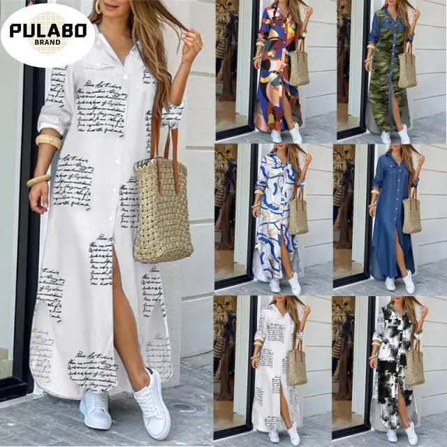 

Модное платье-рубашка на пуговицах, женское повседневное длинное уличное платье, свободное домашнее платье большого размера с принтом для ...