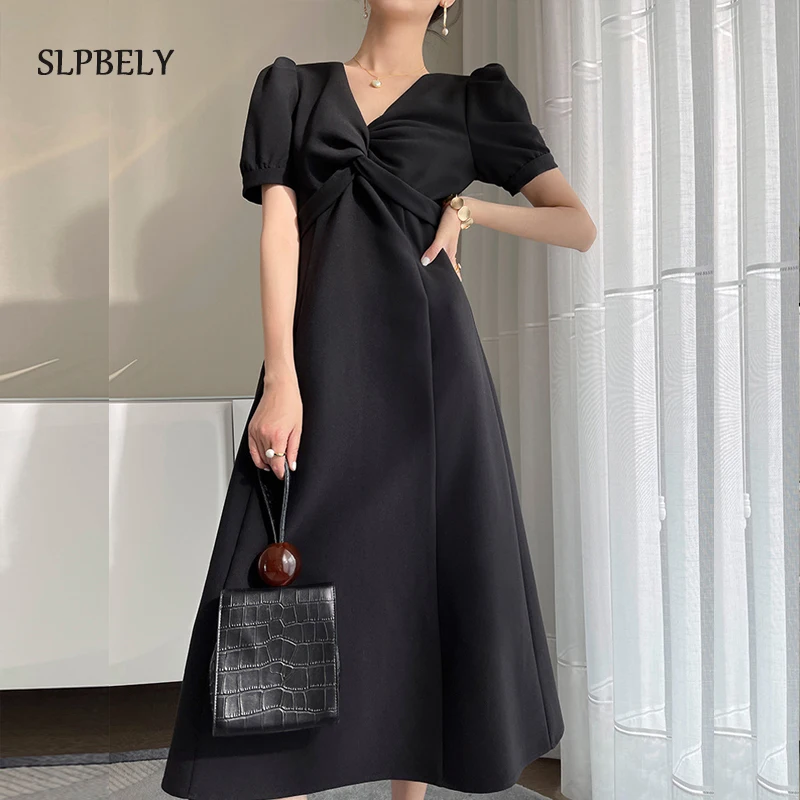 

SLPBELY Elegant Black Dress For Women French Bow V Neck Puff Sleeve Dress Office Lady Casual A Line Party Dress Vestido Sundress