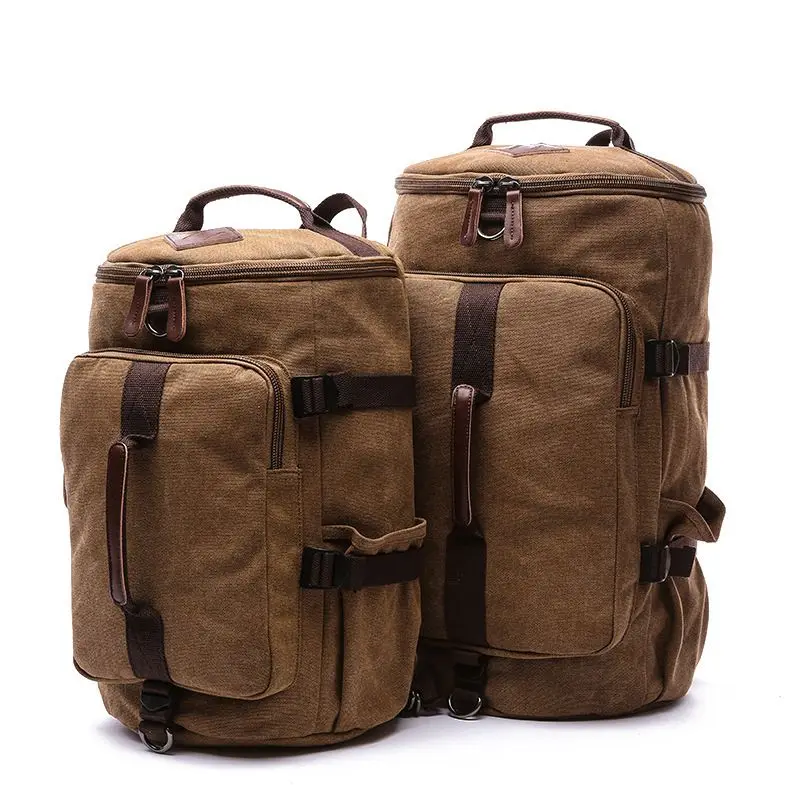 Weysfor Men Large Capacity Travel Backpack Canvas Luggage Shoulder Duffle Bag Cylinder Waterproof Solid Leather Casual Bag