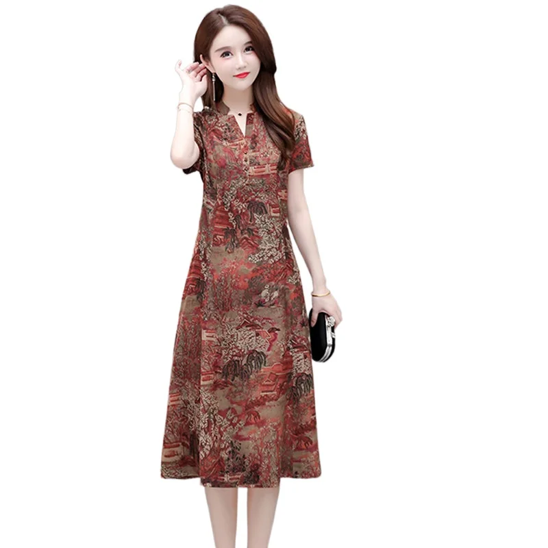 

2022 Spring Summer Mulberry Silk Midi Dress Vintage Print silk satin Dress Elegant Women Bodycon Party dress