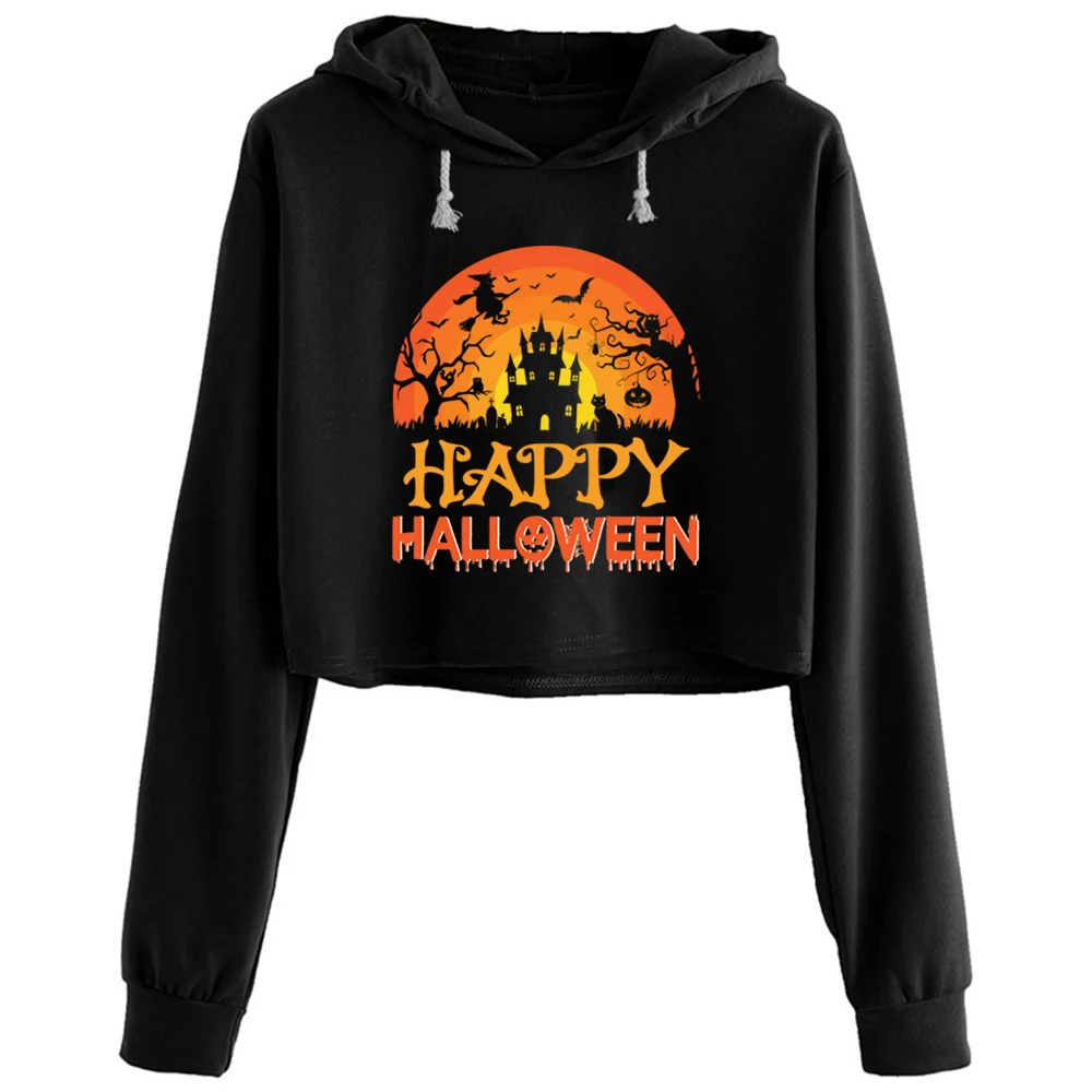 

Happy Halloween Crop Hoodies Women Y2k Kawaii Goth Grunge Pullover For Girls
