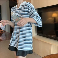summer high quality striped unisex t shirt 2021 new fashion turn down cotton clothes minimalist style casual hip hop harajuku to