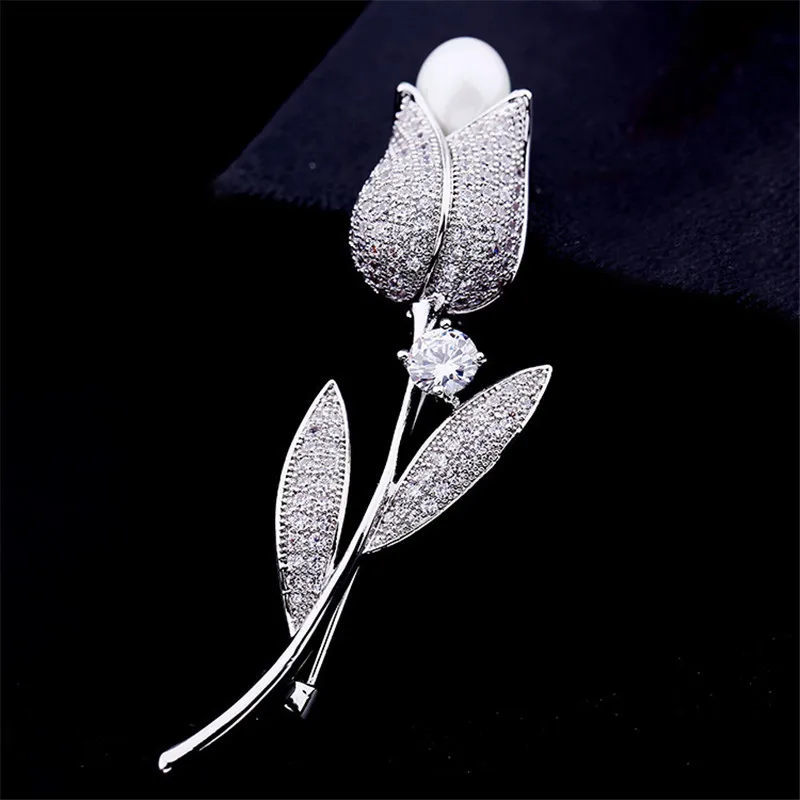 

Micro Pave Cubic Zirconia Pearl Rose Corsage Jewelry For Women Korea Temperament Flower Brooches Pins Suit Pin Accessories