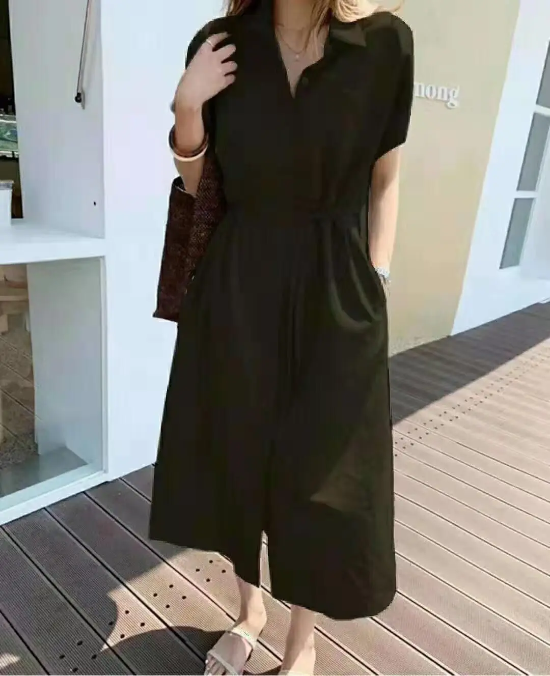 

DE0026 Single-breasted Batwing Sleeve Solid Dress Casual Turn-down Collar Pockets A-line Dresses With Belt For Women Vestidos