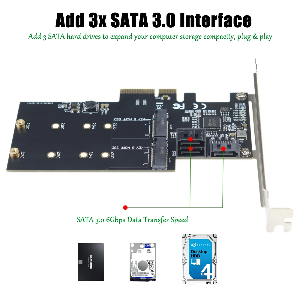 Zeadow PCI E 2. 0 X4 До 2x M.2 NGFF SATA на основе B Key SSD Plus 3x III порты 6 Гбит/с Адаптерная карта для 3