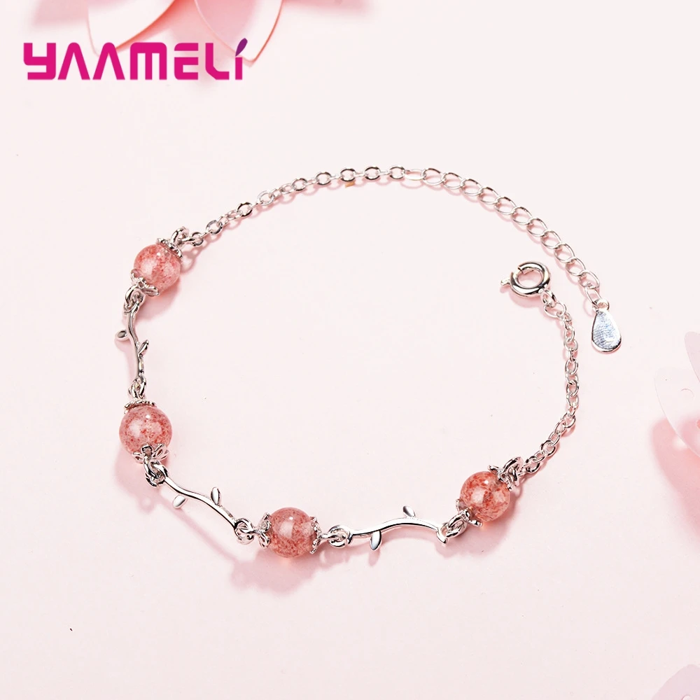 Женский браслет из серебра 925 пробы с клубничным кварцем|Гибкие и жесткие