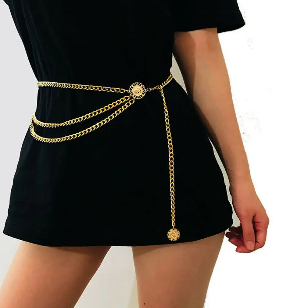 Фото Роскошный женский модный ремень с высокой талией Золотая узкая металлическая