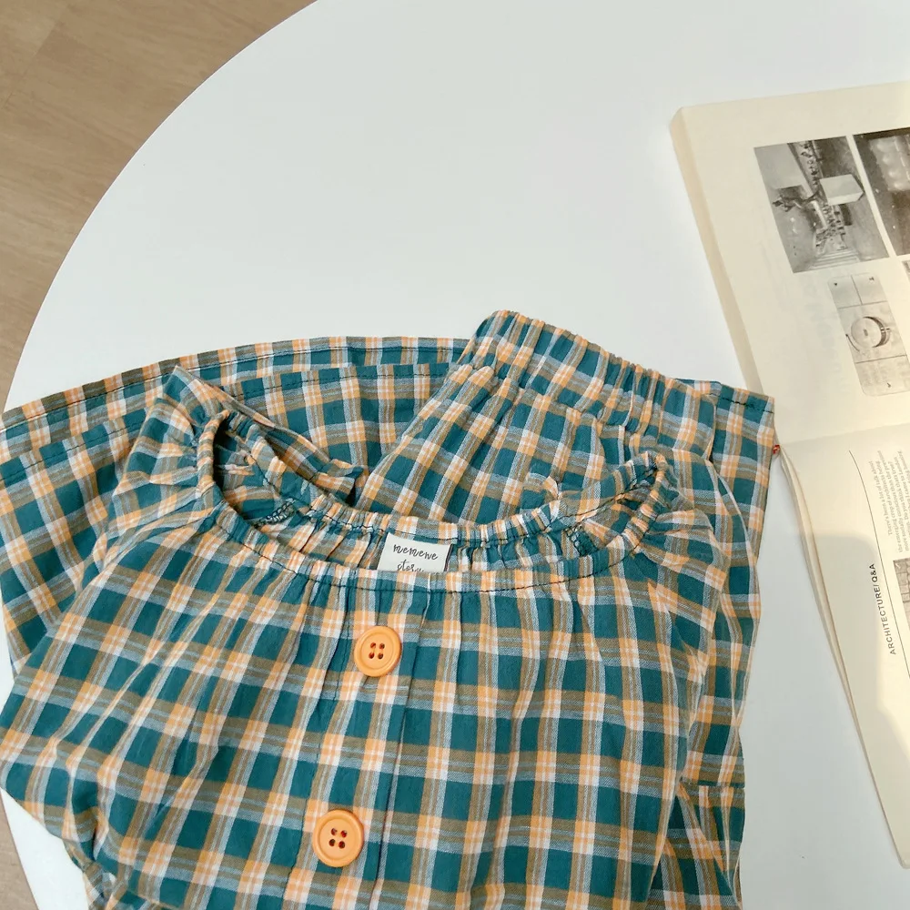 

Retro Girls Suit Plaid Kids Clothes Children Set Toddler Teen Top and Skirt 2021 New Summer 100% Cotton Button Fashion,#6079