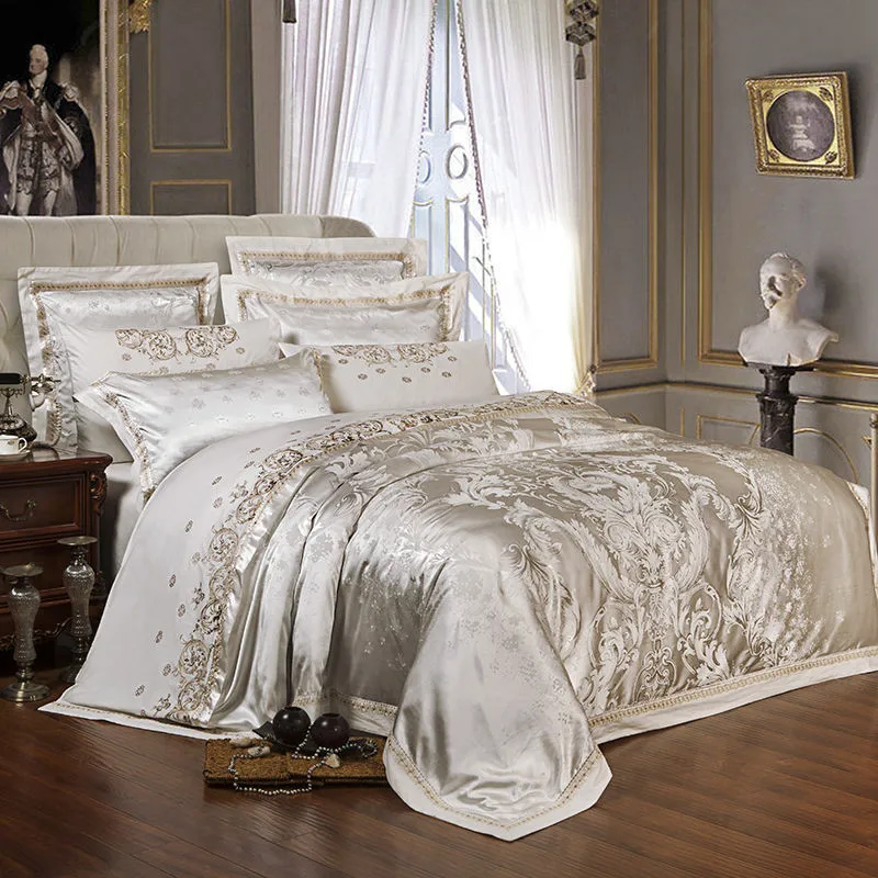 

Sliver Gold Luxury Silk Satin Jacquard duvet cover bedding set queen king size Embroidery bed set bed sheet/Fitted sheet set