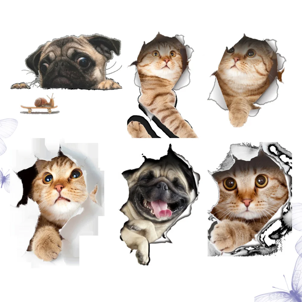 

6PCS 3D Dog Cat Break the Wall Stickers Cartoon Refrigerator Stickers Kitchen Decals