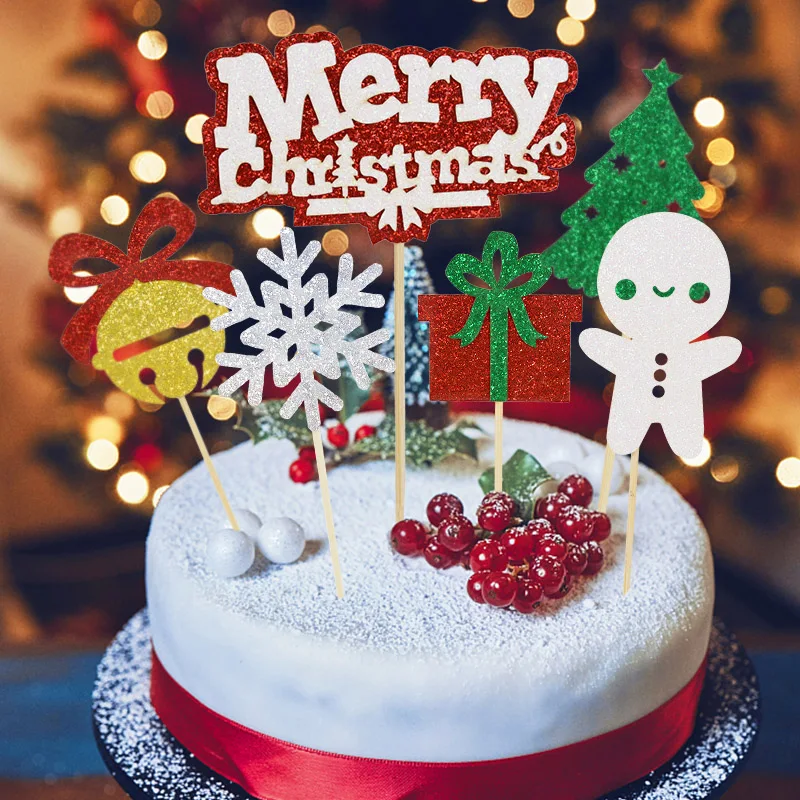 

12Pcs Merry Christmas Cake Topper Christmas Tree Elk Snowflake Paper Cupcake Toppers For Xmas New Year Party Dessert Cake Decor