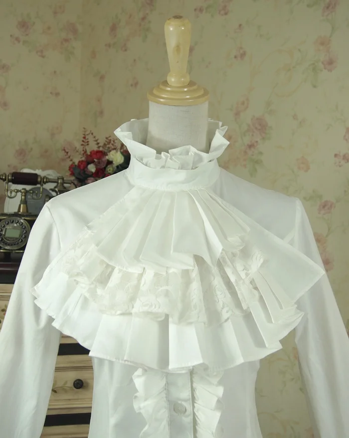 Женская винтажная блузка с рюшами белая/черная Готическая рубашка высоким низом