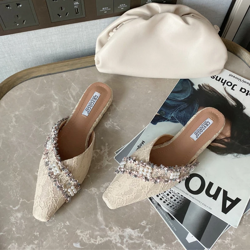 Lace Mules Shoes Women Flat Slippers Pearl Decoration Pointed Toe Female Fashion Slides Slip On Ladies Summer Autumn Loafers | Обувь