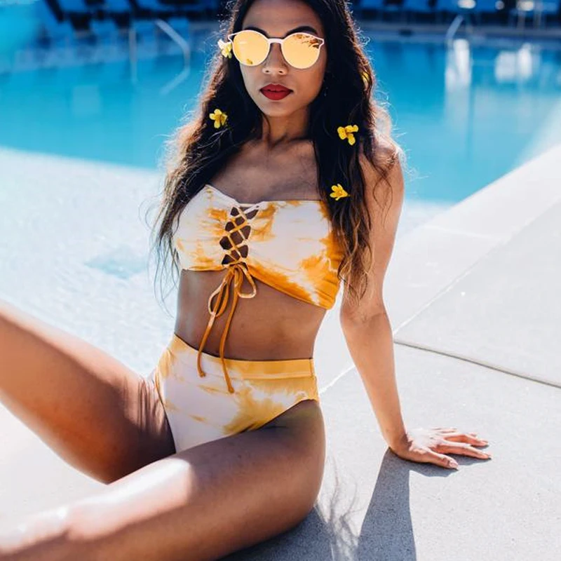 

Cross Bandage Bikini Set Padded Sexy Swimwear for Women Swimsuit High Waist Solid Bandeau Beachwear Biquini Maillot de Bain