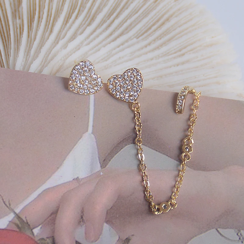 

Fashion 14k Real Gold Love Heart Women Earring Feminia Anti Allergy Zircon Ear Bone Clip Earrings Wedding Jewelry for Bridal