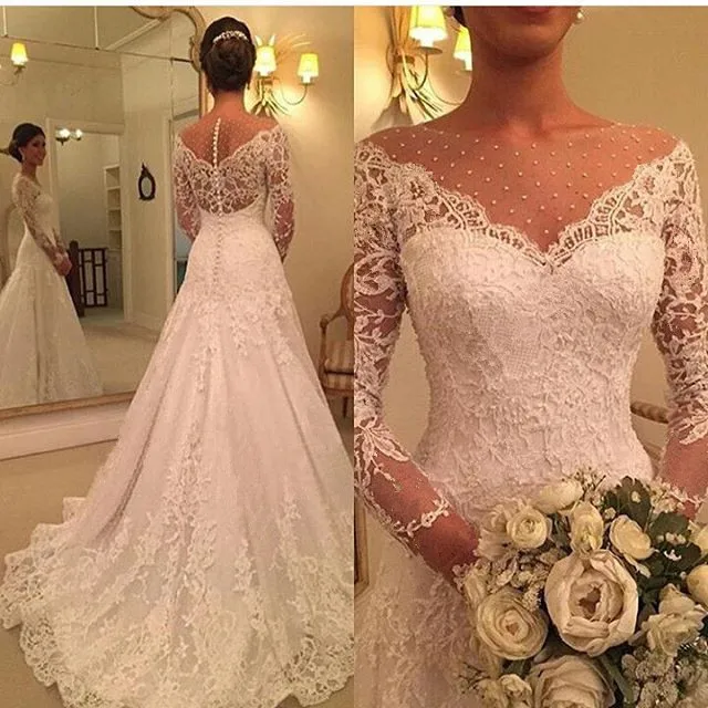 

Vestido de Noiva 2019 Long Sleeve Wedding Dress A Line Sheer Neck Wedding Dress Lace Bridal Gown Robe De Mariage Custom Made
