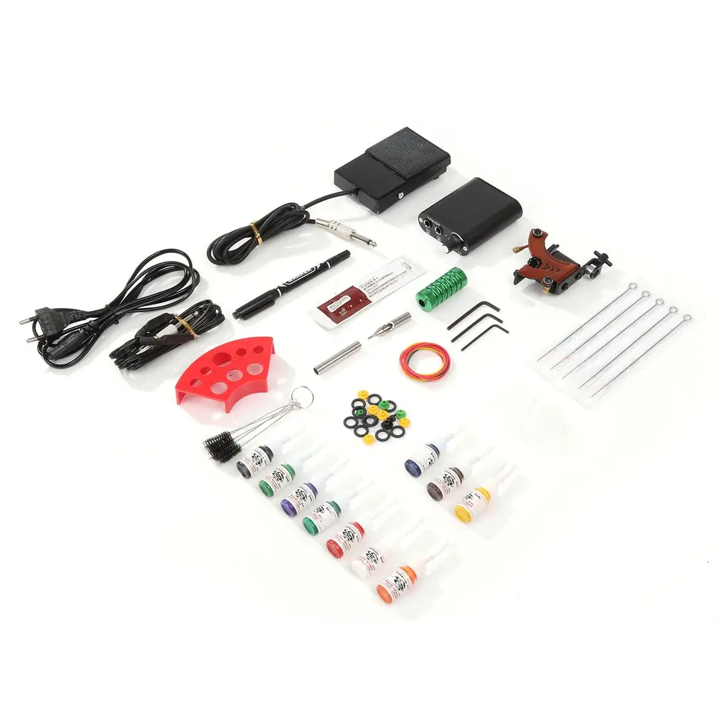 

Полный набор для татуировки, профессиональная машинка с педалью питания, 10 цветов, наборы чернил, питательные одноразовые иглы, захватывающ...