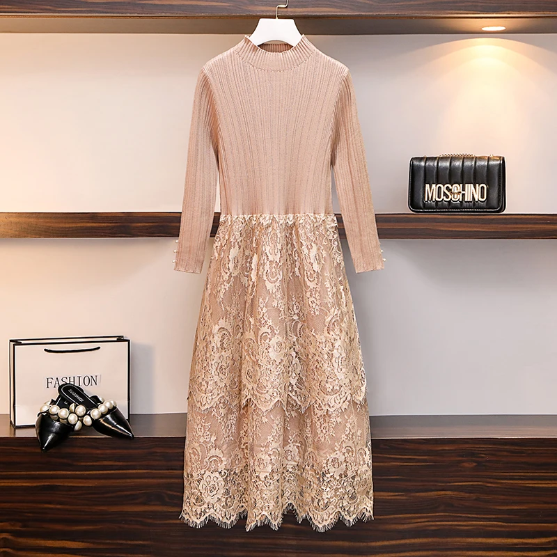 Осенне зимнее новое платье для женщин с длинным рукавом длинное кружевное свитер
