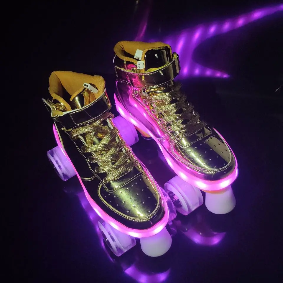 

New Style Led Rechargeable 7 Colorful Luminous Double Row 4 Wheel Roller Skates Patines Outdoor Men Women Shoes