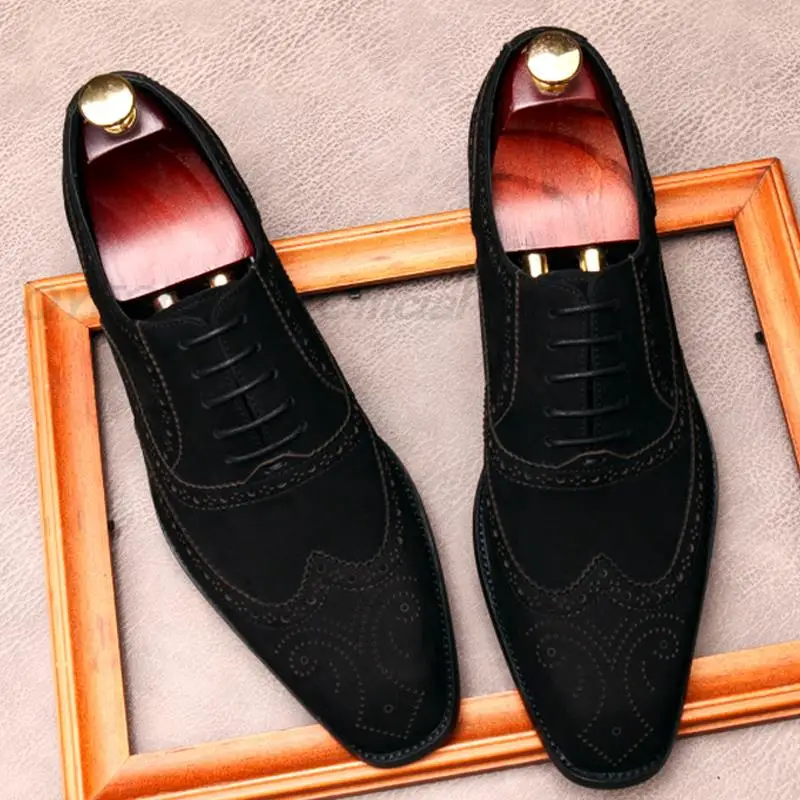 

Size 6-12 Handmade Mens Wingtip Oxfords Black Genuine Calf Leather Wedding Men Suede Dress Shoes Business Formal Brogue Shoes