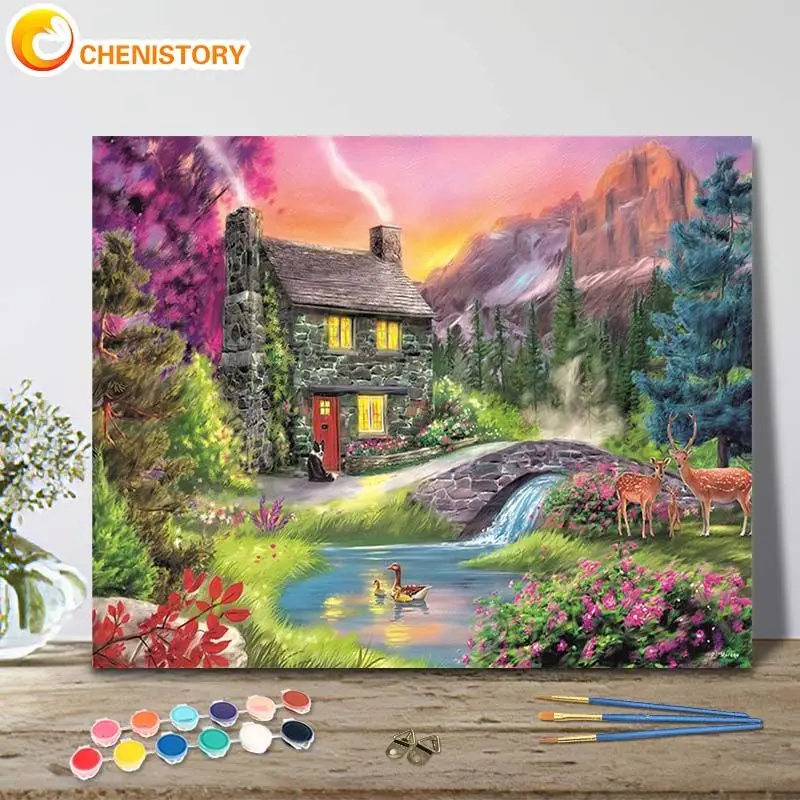 

CHENISTORY Full Round/Square Diamond Painting Mountain Cabin 5D Diamond Art Embroidery Mosaic Deer Animal Home Decor Handmade