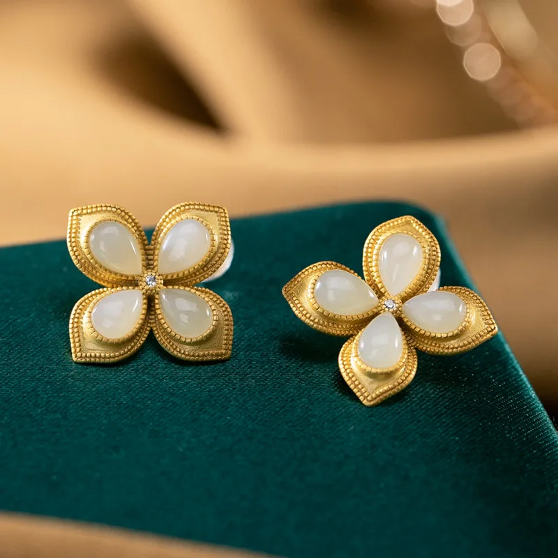 

S925 Sterling Silver Gilded Natural Hetian Jade Stud Earring Fine Jewelry Vogue Women Earrings Women Jade Inlaid Earring L0010