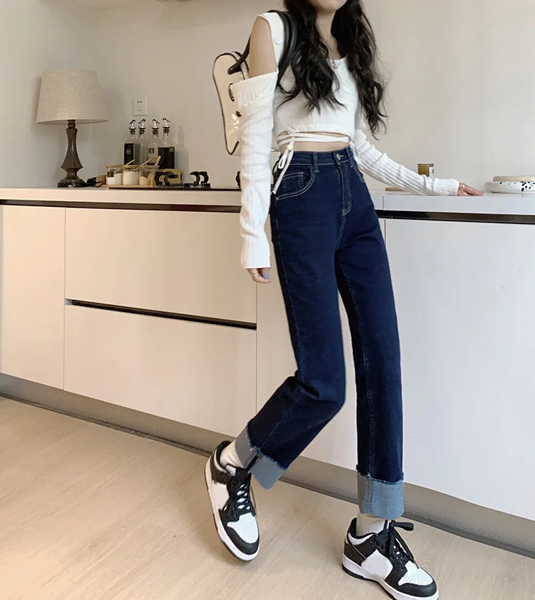 

Темно-синие джинсы, женские узкие облегающие брюки с завышенной талией, уличные прямые брюки Rac на осень и зиму