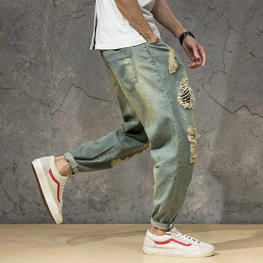 Модные уличные разорванный гарем джинсы мужские повседневные полые дырки