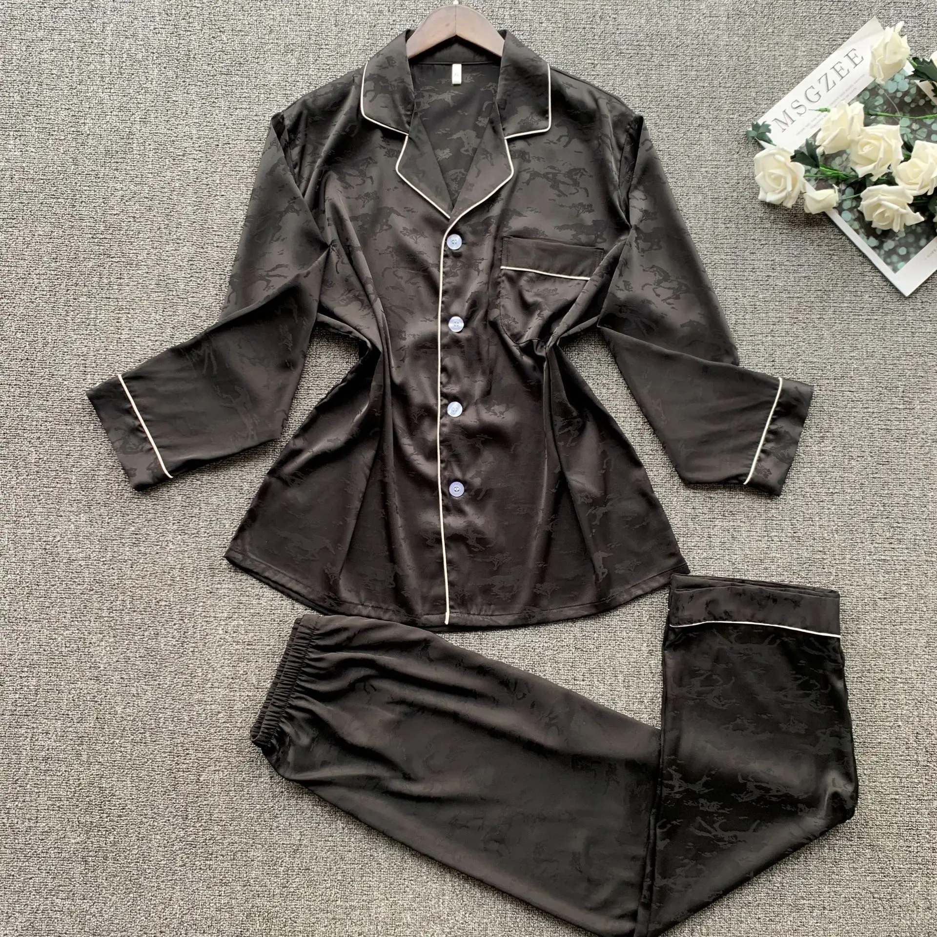 

2Pcs 2021 New Pajama Set Women Lace Satin Sexy Sleepwear Tops And Pants Silky Pyjamas Spring Nightwear Sleep Homewear Suit