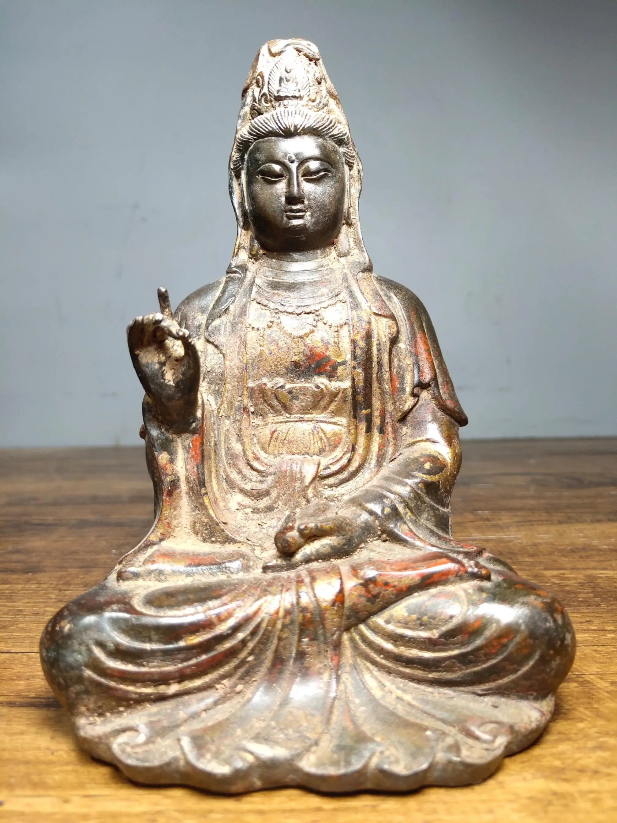 

Home Decor 6" Tibet Buddhism Temple Old Bronze Cinnabars Guanyin Bodhisattva Seated Buddha Statue Avalokitesvara Amitabha