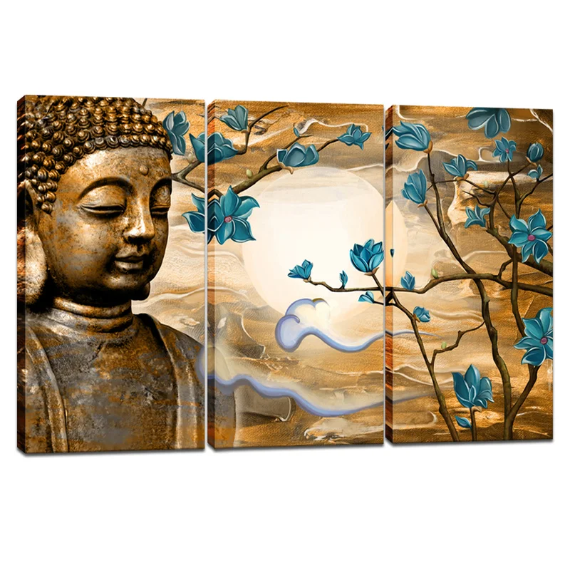 

Buddha and Flowers Wall Decor Poster Buddha Statues Blue Flower Print Canvas Art Modern Style Picture Living Room Home Decor