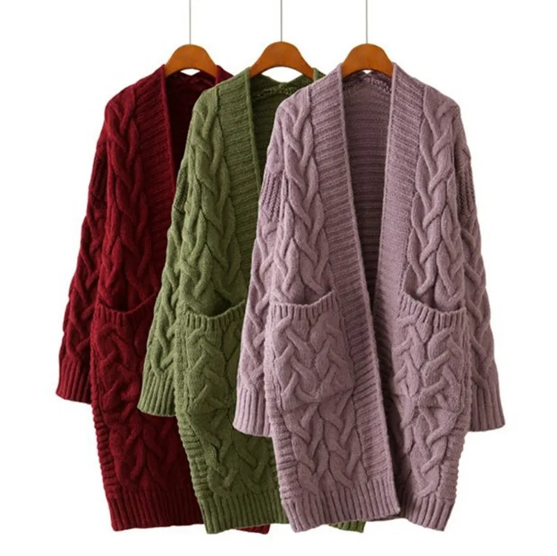 

Women's Autumn And Winter Sweater Coat Loose Mid-length Korean Style Large Size Thick Wool Twist Sweater Cardigan