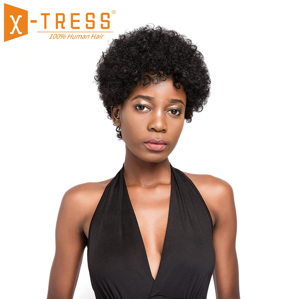 Афро кудрявый 6 дюймов короткий боб парики для женщин X-TRESS натуральный черный цвет африканская прическа бразильский не Реми человеческие волосы парик