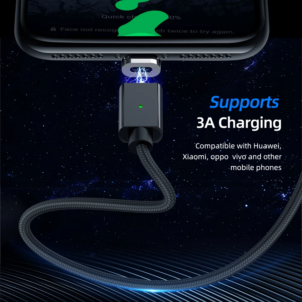 Магнитный USB кабель Type C для Samsung Huawei P20 3A Quick Charge Microusb шнур магнитное зарядное