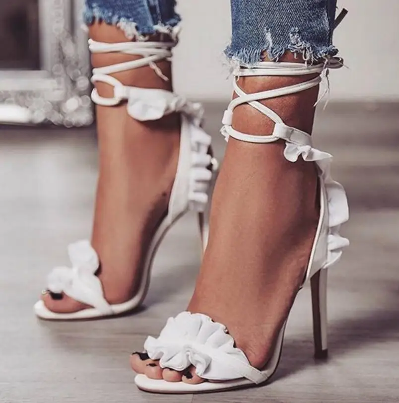 

Fashion Summer Women Sandals Ruffle Casual PU Lace Up Thin Heels 11.5CM High Heels Open Toed Women Shoes Sexy Pumps