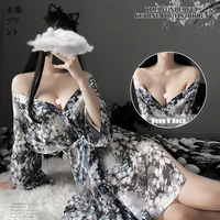 japanese kawaii v neck women kimono sleepwear printing chiffon cardigan bow lace up cosplay costumes for lady outfit perspective