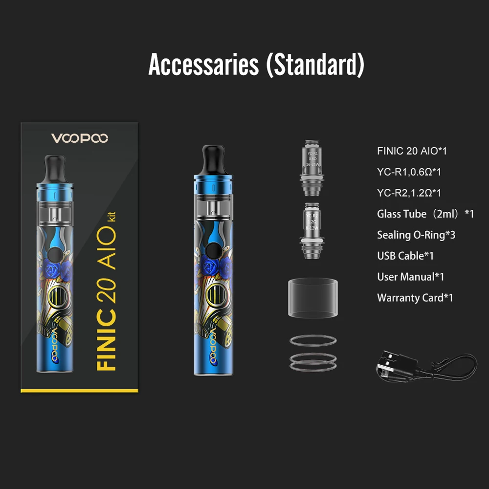 Original VOOPOO FINIC 20 AIO Starter Kit 1500mAh Built-In Battery 0.6/1.2ohm Resistance DL/MTL Coil Heads E-Cigarette Vaporizer |
