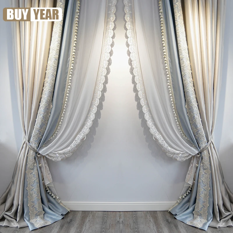 

French Luxury Curtains for Living Room High-end Atmospheric Bedroom Bay Window Silk Pattern High-precision Lace Gauze Curtain