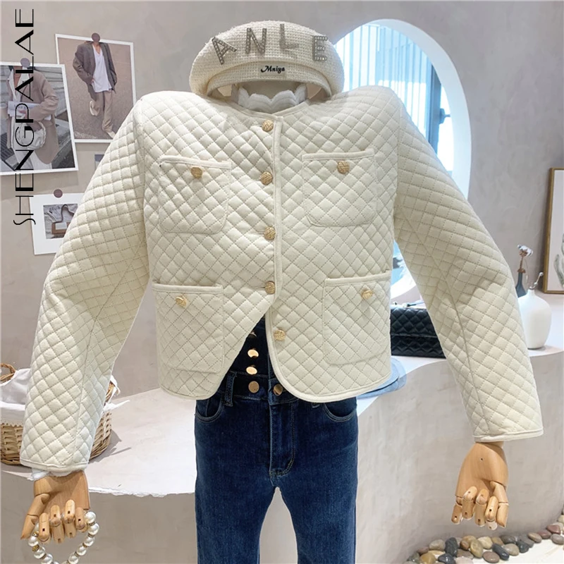 

SHENGPALAE Мода Argyle сплошной цвет куртка Женская Зима 2021 новый круглый вырез однобортный длинный рукав короткое пальто женский прилив