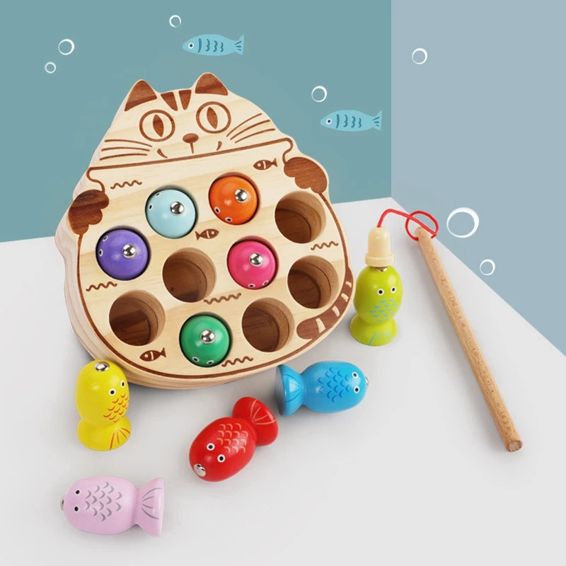 

Kids Puzzle Magnetic Fishing Game with Cat Shape Playboard Wooden Toys Children Puzzle Educational Toys