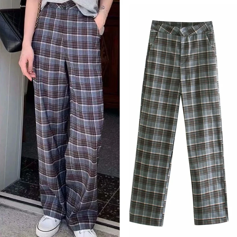

WESAY JESI Women's Pants Trousers For Female Vintage Stylish Wide Leg Woman Clothes Plaid Pants High Waist Chic Zipper Pockets