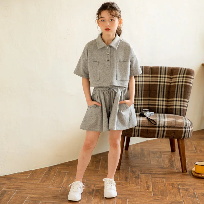 

10 12 years Kids Girls Korean Style Summer Shorts Suits 2021 New Short Sleeve High Waist Tops 2 pieces Clothes Set