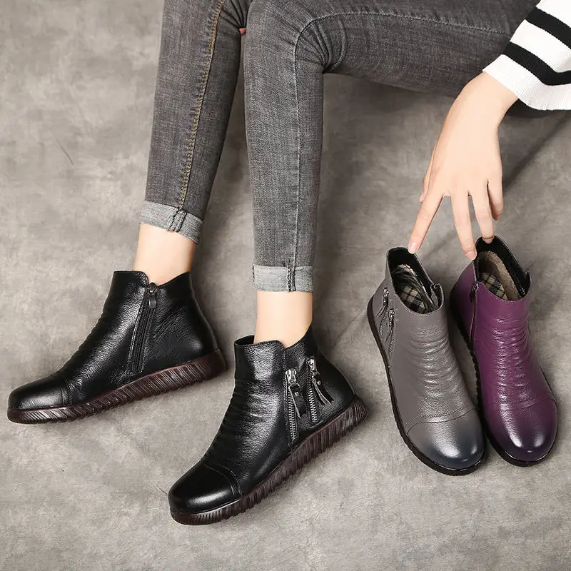

Genuine Leather Ankle Boots Women Purple Winter Shoes Ladies Soft Black Waterproof Boots Size 9 Womens Short Boots Double Zipper