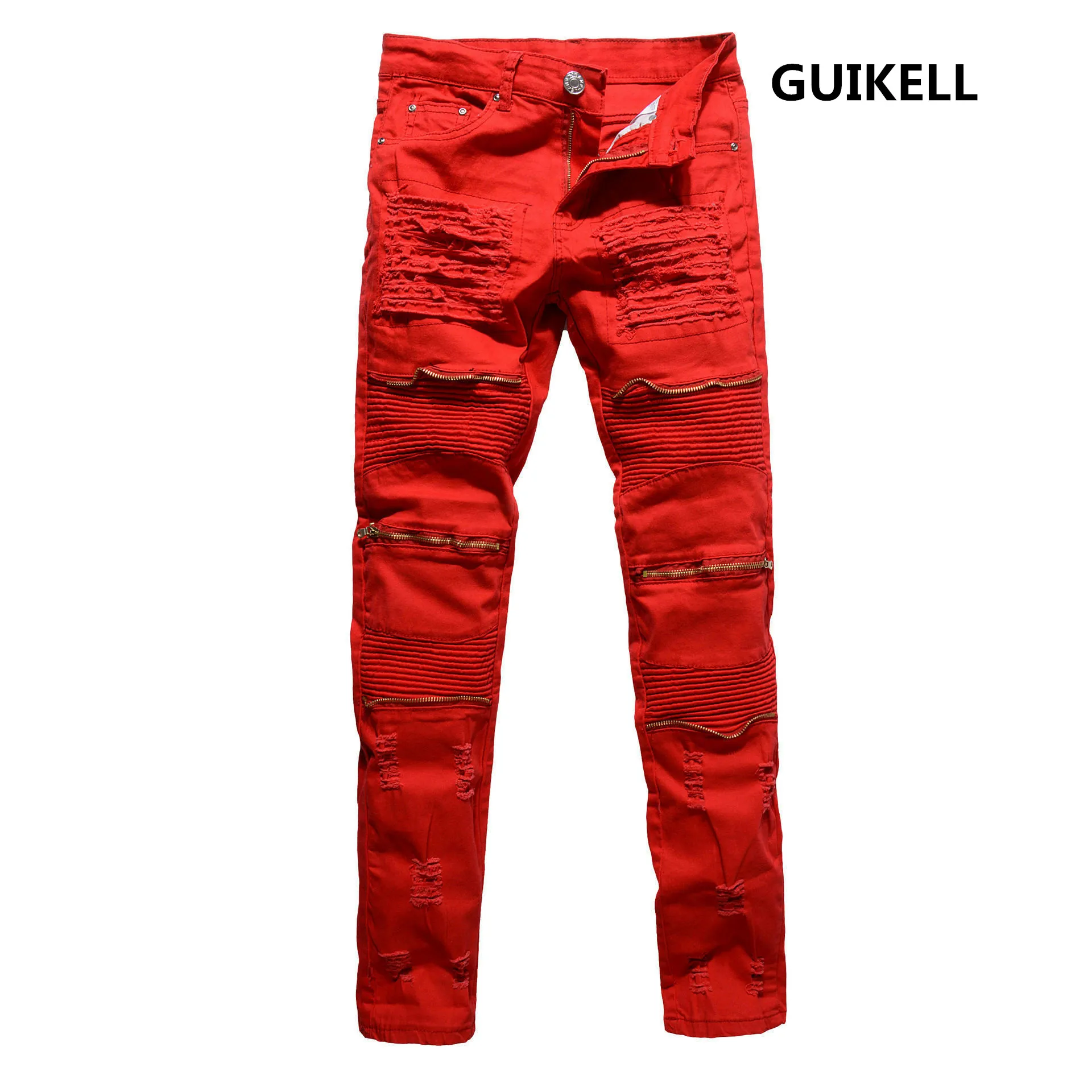 

GUIKELL men's perforated Leggings European station slim fit elastic tide pants pasted locomotive jeans for men