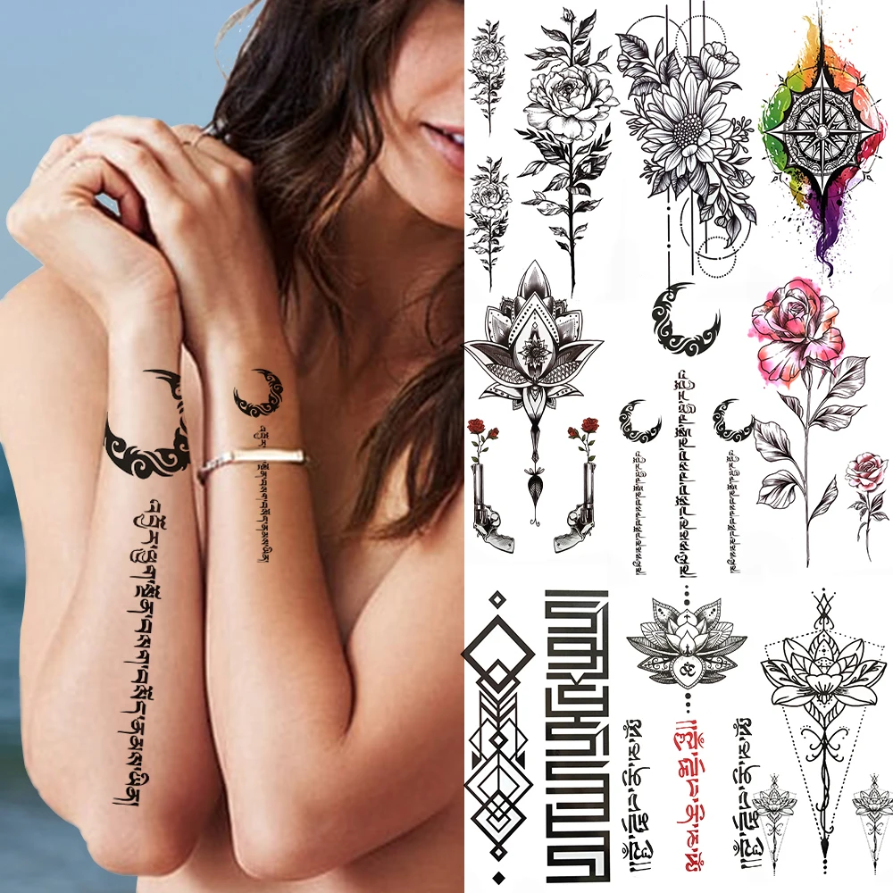 

Totem Tribal Black Tattoo Fake Peony Moon Lotus Daisy Buddha Tattoo Sticker For Women Geometry Chains Temporary Tatoo Thigh Arm